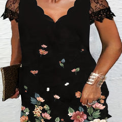 Women's Floral Print Lace Sleeve V Neck Dress