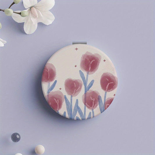 Tulip Pattern Round Folding Mirror with Magnifying Function