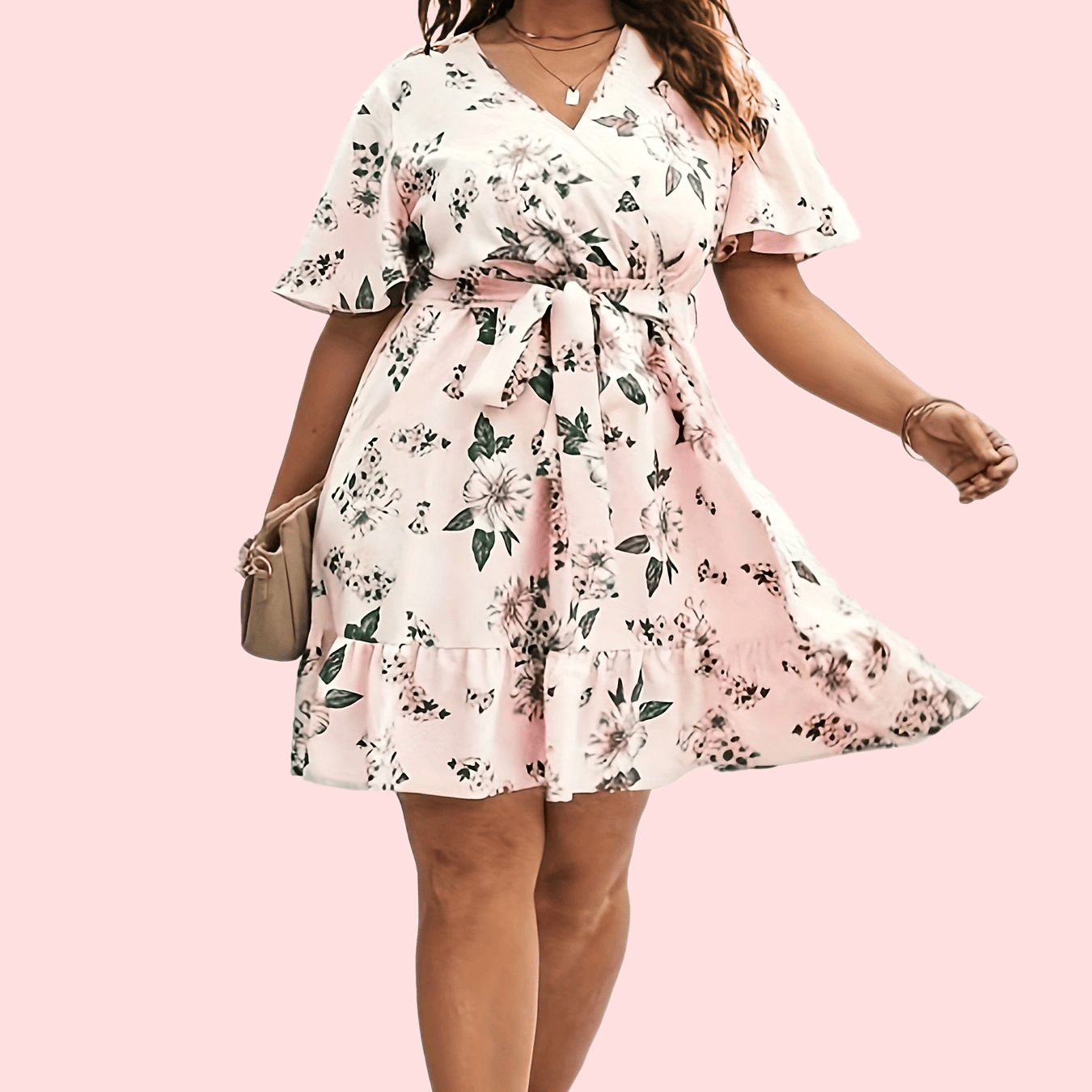 Floral Print Surplice Neck Dress With Belt