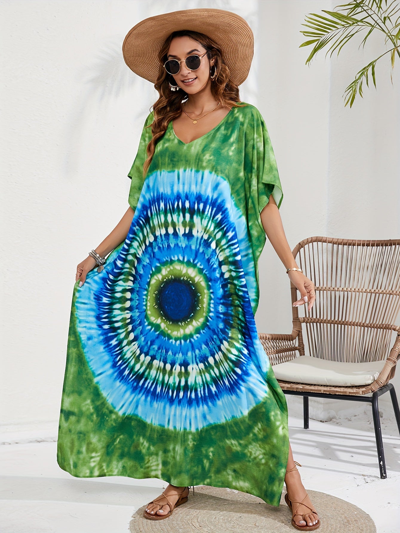 Spiral Tie Dye V Neck Maxi Cover Up