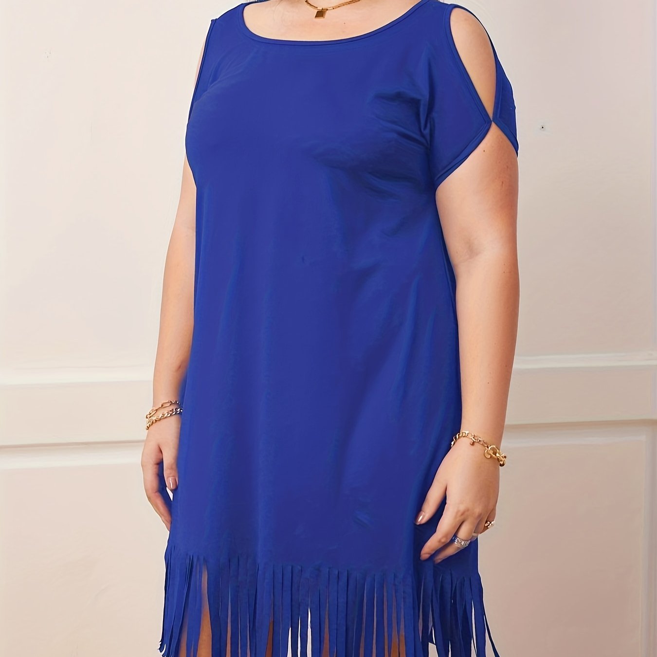 Casual Dress Women's Fringe Trim Cut Out Sleeve Round Neck