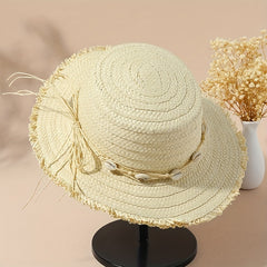 Boho Raw Edge Sun Hat Flat Top Straw Fedora Cap