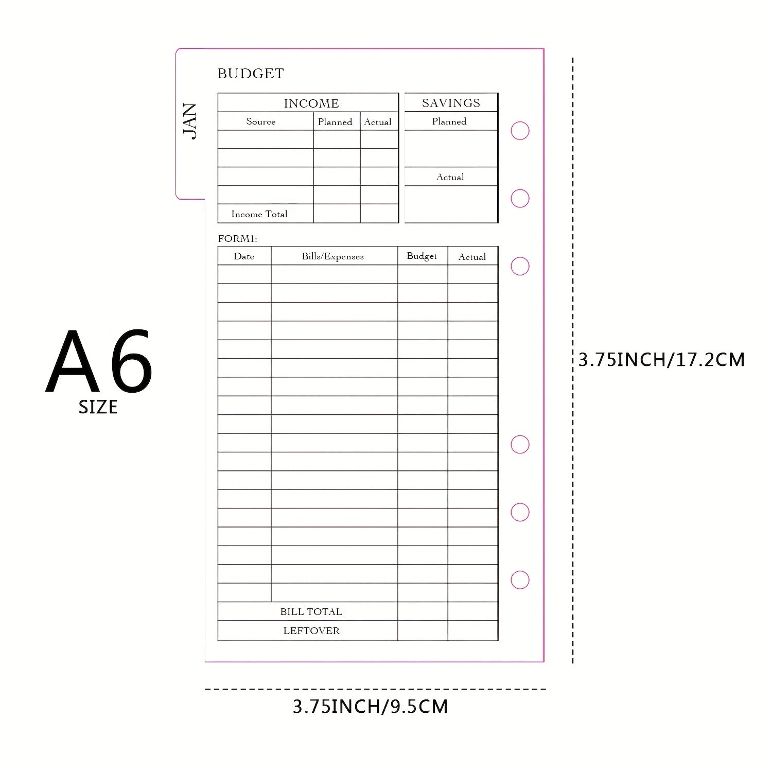Personal Size 7Hole Punched Budget System Refill Weekly & Monthly Planner