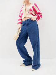 Colorblock Stripe Print Button Up Long Sleeve Crop Cardigan
