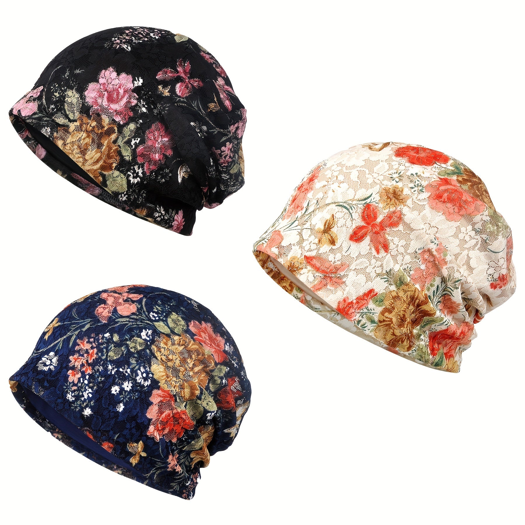 Lace Flower Print Beanie Elastic Lightweight Skull Cap