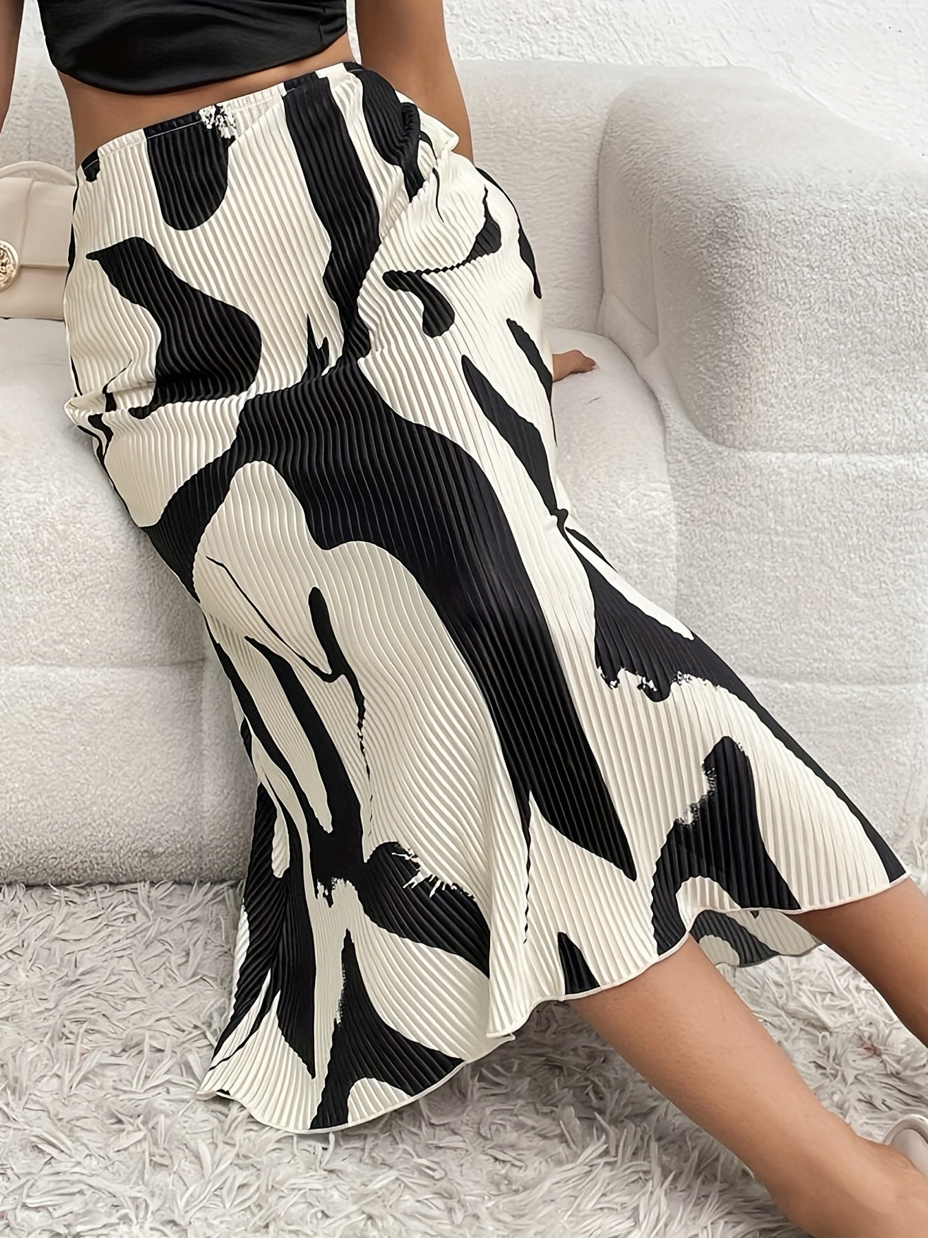 Abstract Print Ribbed Skirts High Waist Midi Skirts