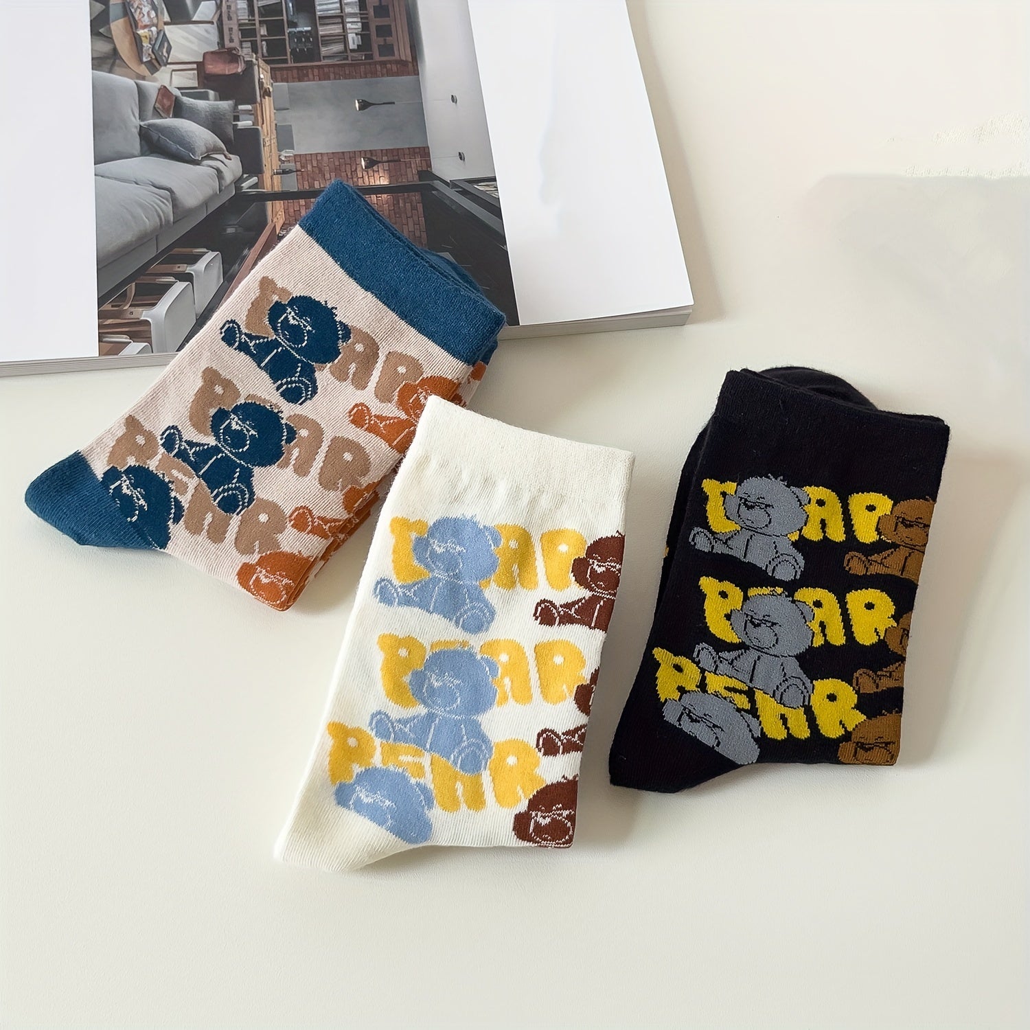 3 Pairs Cute Bear Print Socks Mid Tube Women's Stockings