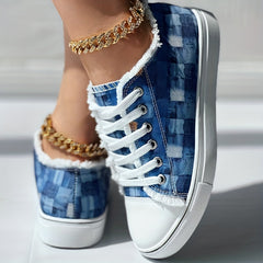 Plaid Pattern Denim Sneakers Low Canvas Flat Shoes