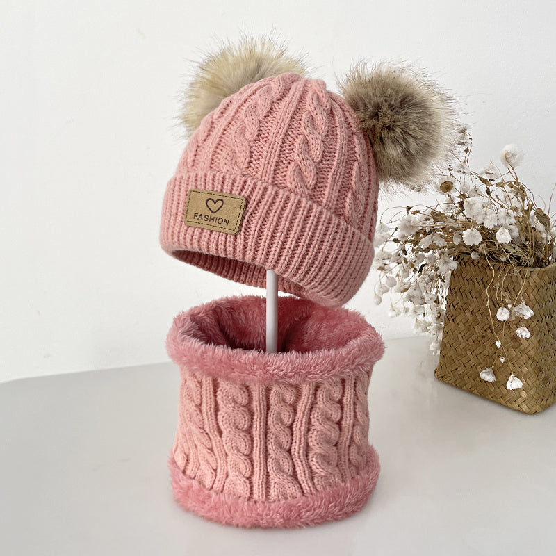 2pcs Baby Knit Scarf Hat Set Pom Pom Beanie Cap & Plush Warm Ring Neck Scarf