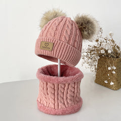 2pcs Baby Knit Scarf Hat Set Pom Pom Beanie Cap & Plush Warm Ring Neck Scarf
