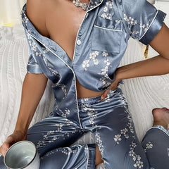 Floral Print Pajama Set Short Sleeve Lapel Top & Elastic Waistband Pants