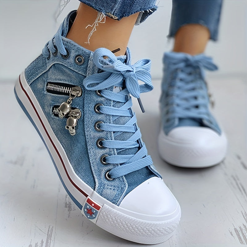Women's Skull Zipper Denim High Top Sneakers