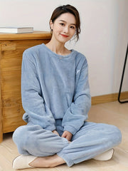Cozy Letter Print Pajama Set with Long Sleeve Top & Elastic Waistband Pant