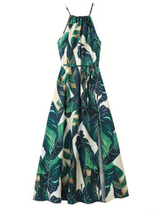 Tropical Print Split Thigh Dress Boho High Waist Crew Neck Sleeveless Summer Dre