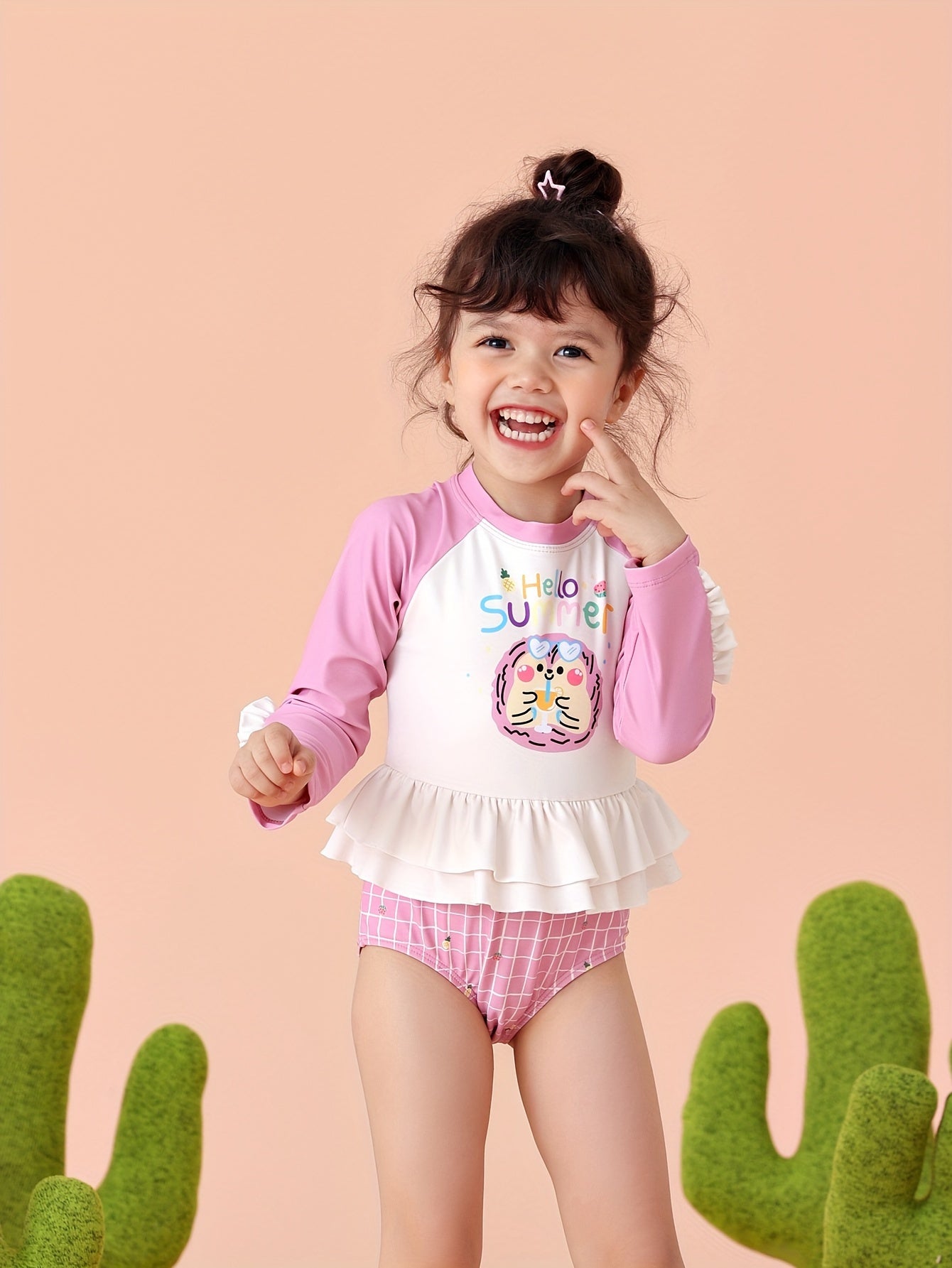 Girls Sweet HELLO Print Ruffle Trim Swimsuit