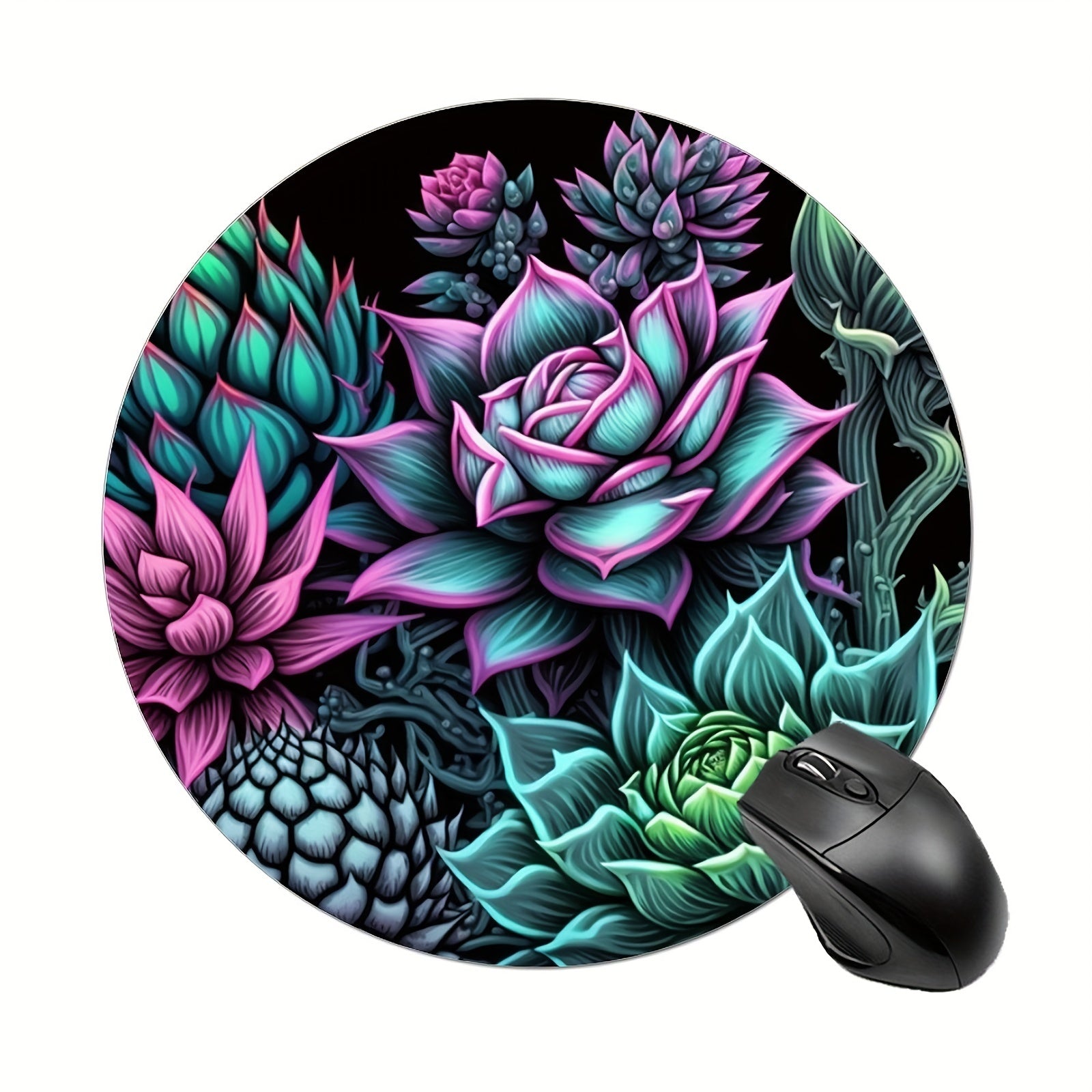 Stylish Succulent Plant Round Mouse Pad Non Slip Rubber Base Small Size