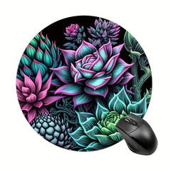Stylish Succulent Plant Round Mouse Pad Non Slip Rubber Base Small Size