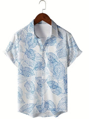 Men's Leaf Print Short Sleeve Button-Up Casual Shirt