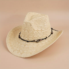 Beige Western Cowboy Hat Wide Brim Straw Sun Hats Outdoor Travel Beach Cap