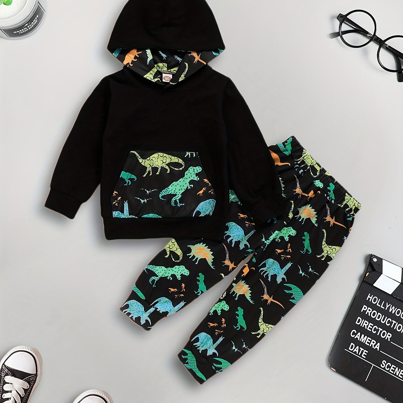 Boy's Dino Print Hoodie & Pants Set for Spring Fall