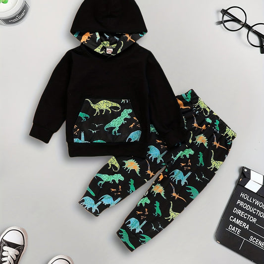 Boy's Dino Print Hoodie & Pants Set for Spring Fall