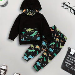 Boy's Dino Print Hoodie & Pants Set for Spring Fall