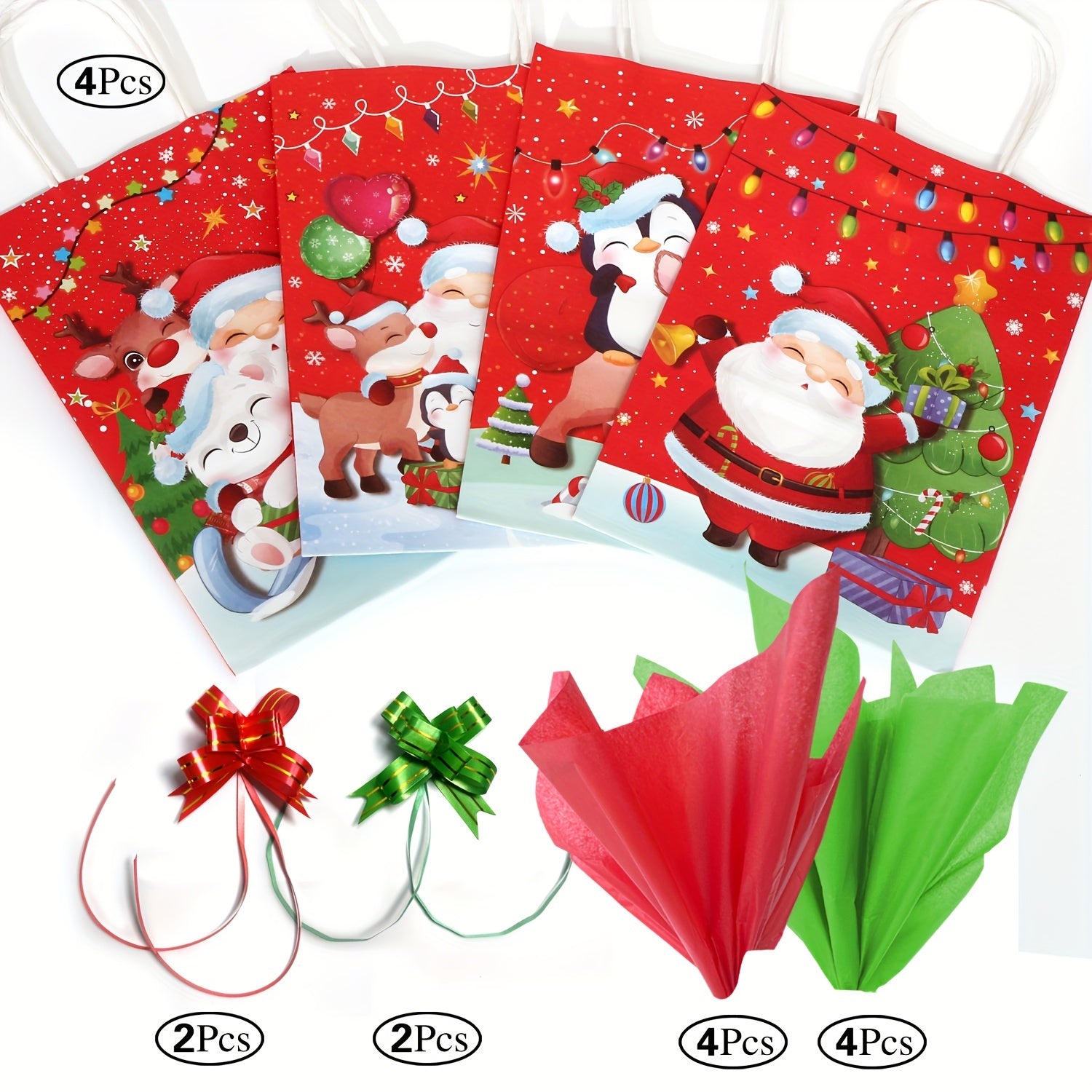 4pcs Christmas Merry Theme Gift Bag Set Small Size with 8 Large Paper Wrappers