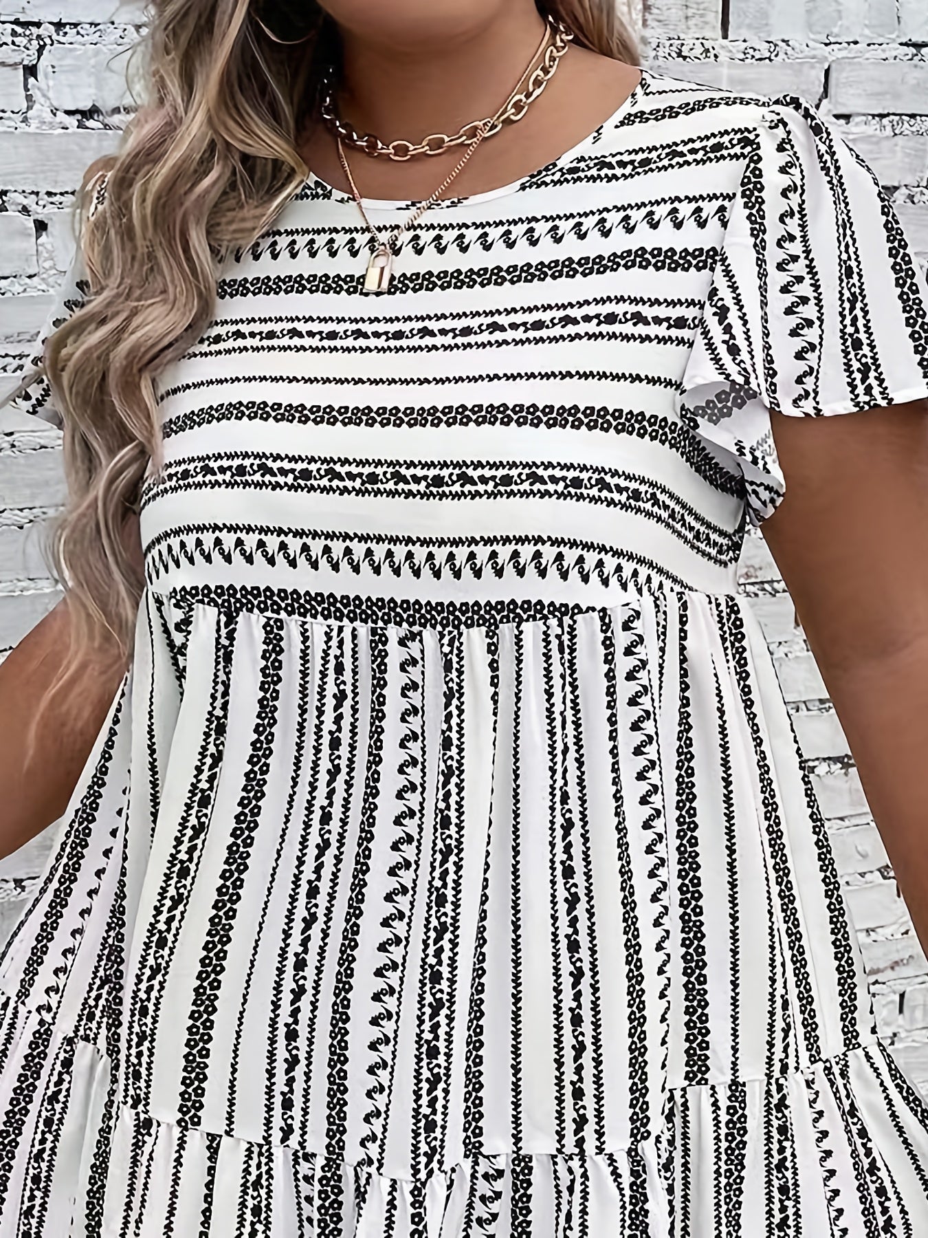 Women's Plus Geo Stripe Print Ruffle Sleeve Boho Dress