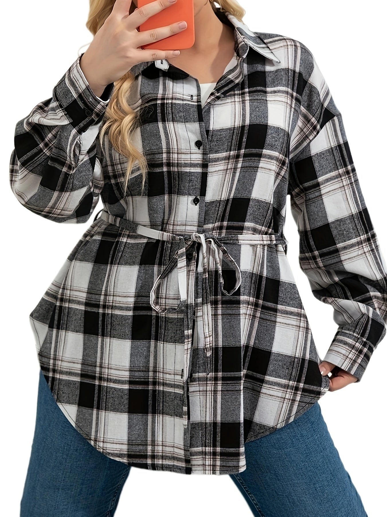 Women's Plus Long Sleeve Casual Blouse with Belt