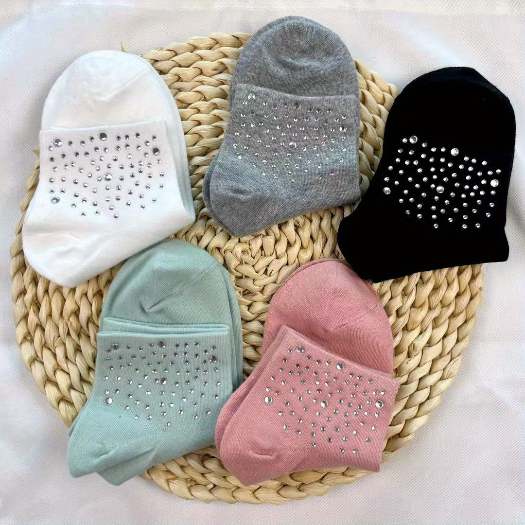 5 Pairs Rhinestone Decor Crew Socks for Women