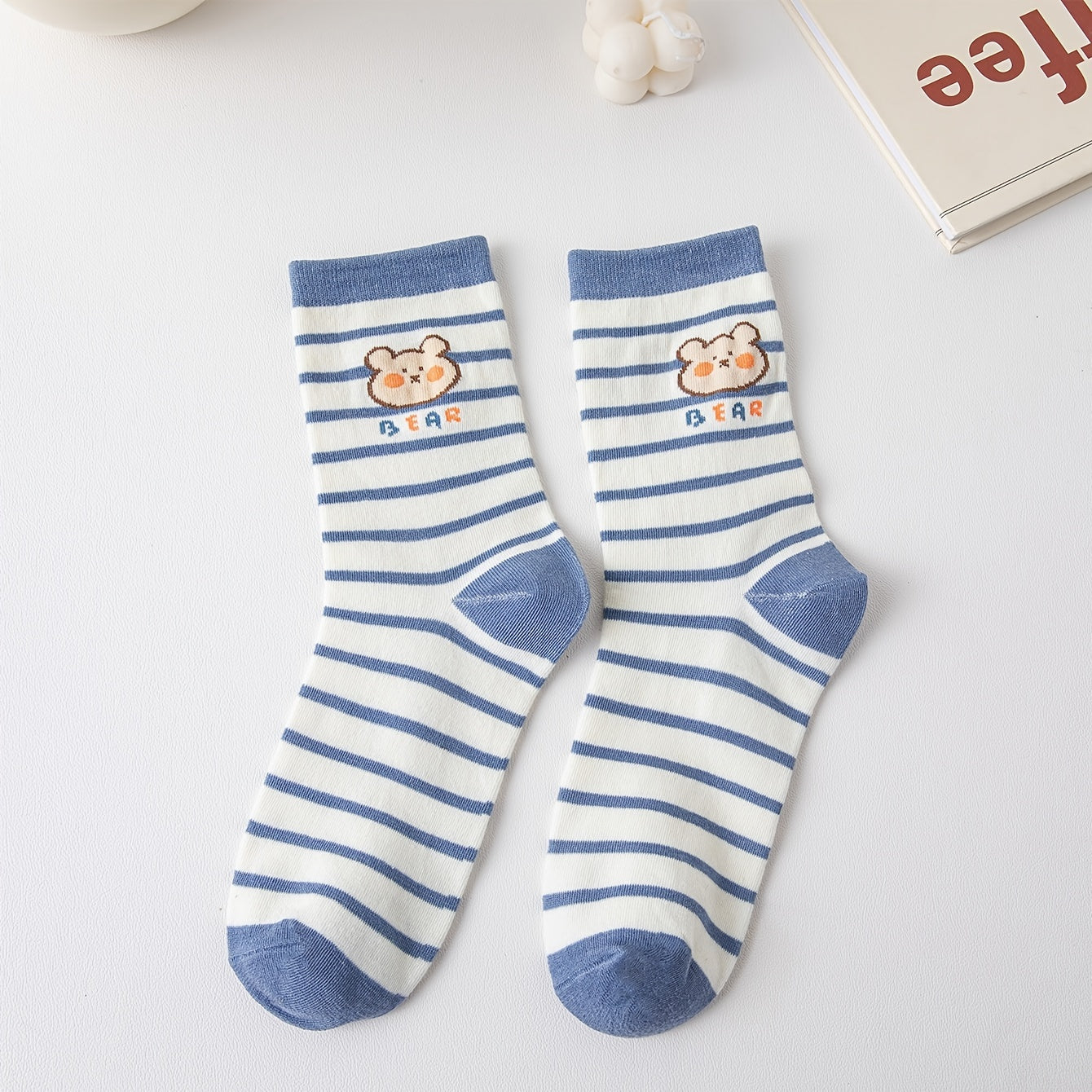 5 Pairs Teddy Bear Crew Socks Mixed Pattern Textured Pack
