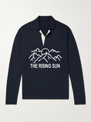 Rising Sun Pattern Knit Polo Shirt Men's Casual Stretch V Neck Pullover Sweater