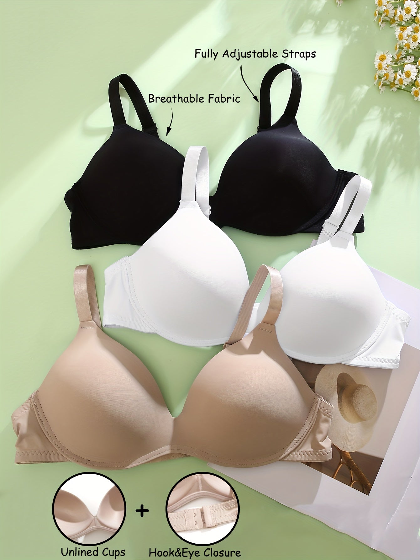 3pcs Solid T Shirt Bras Push Up Bra Women's Lingerie
