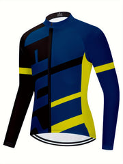 Men's Block Zipper Cycling Jersey Stretch Breathable Long Sleeve T-shirt