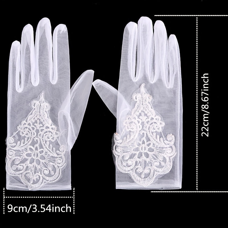 Bridal Wedding Dress Gloves Mesh Lace Floral Embroidery Gloves Short