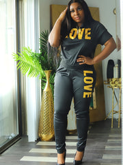 Love Print Short Sleeve Top & Pants Set Women's Plus Sport