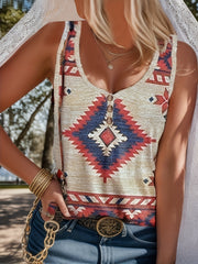 Print V Neck Tank Top Casual Button Front Tank Top For Summer