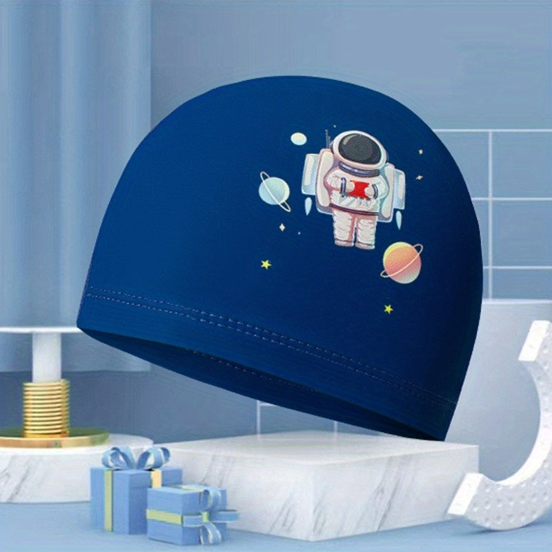 Kids PU Waterproof Swim Cap, Cartoon Pattern Ear Protection, High Elasticity