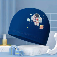 Kids PU Waterproof Swim Cap, Cartoon Pattern Ear Protection, High Elasticity