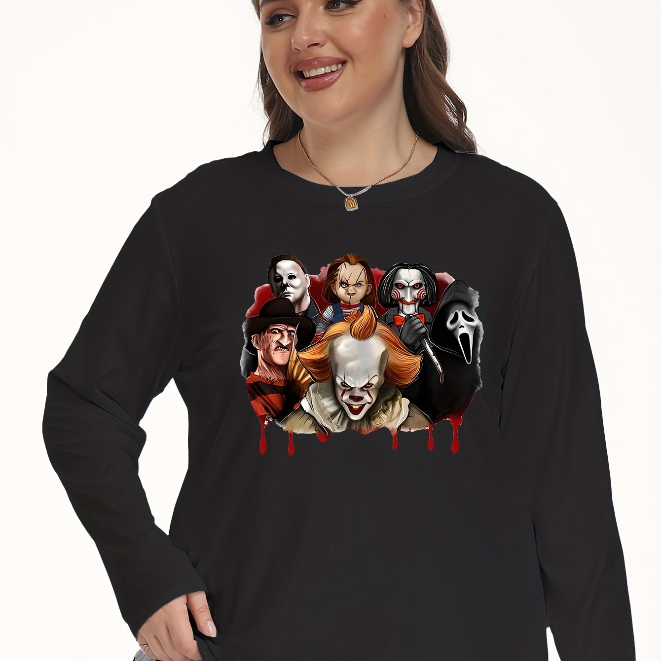Horror Figure Print Plus Size Halloween Top
