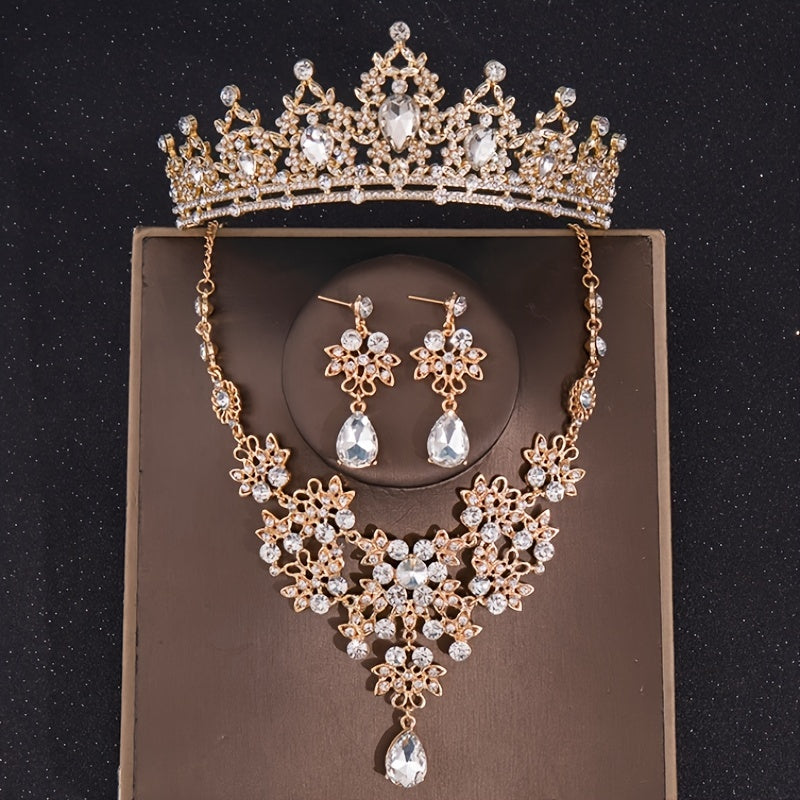 Baroque Silver Crystal Bridal Jewelry Sets Tiara Crown Earrings Necklace Set
