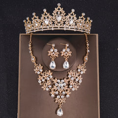 Baroque Silver Crystal Bridal Jewelry Sets Tiara Crown Earrings Necklace Set