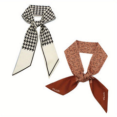 2pcs Houndstooth Floral Print Skinny Scarf Long Ribbon Neckerchief