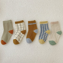 5pairs Unisex Cotton Plaid Mid Tube Socks