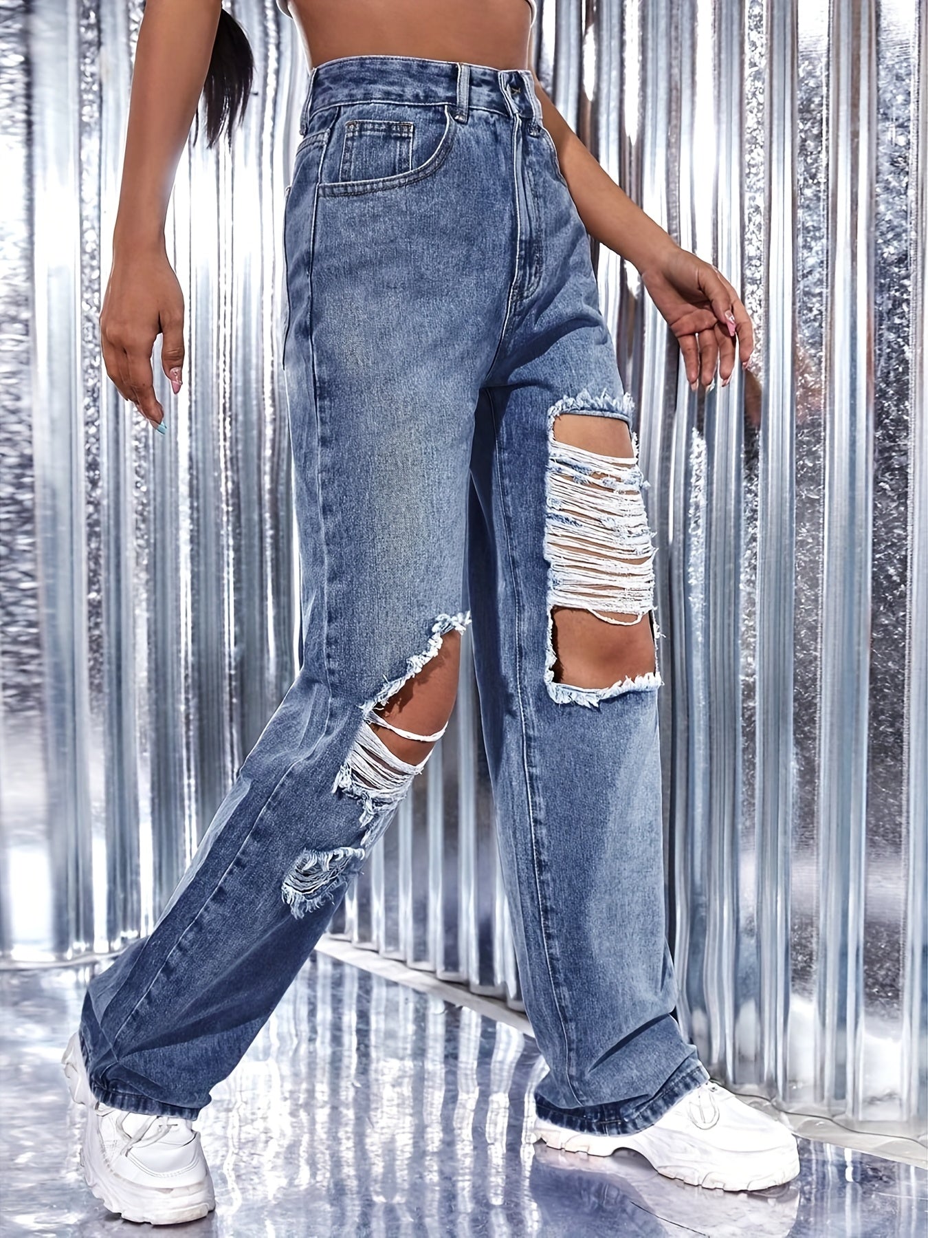 Distressed High Rise Wide Leg Jeans Ripped Knee Cut Denim Pants