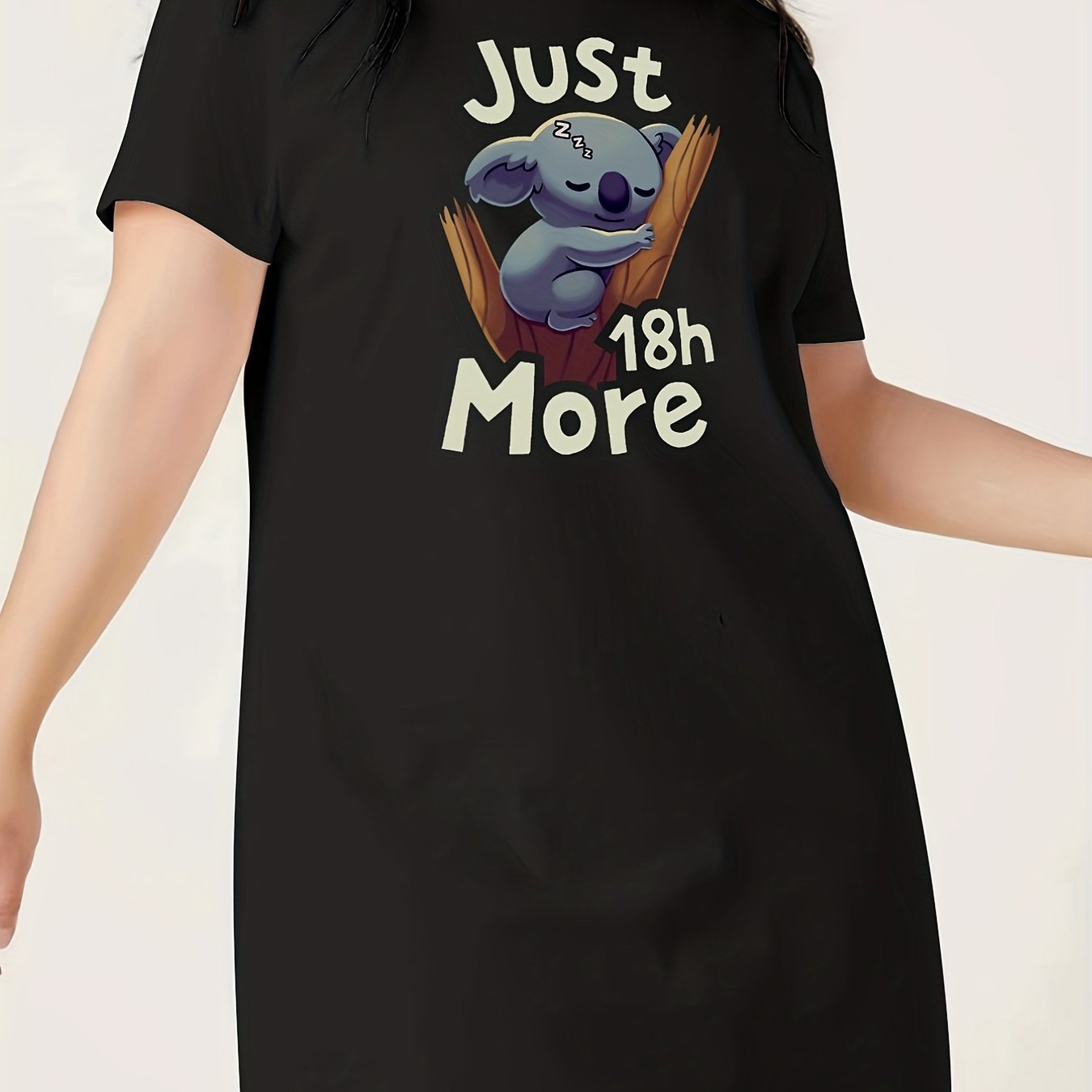 Cartoon Koala & Letter Print Nightdress Crew Neck Sleep Dress