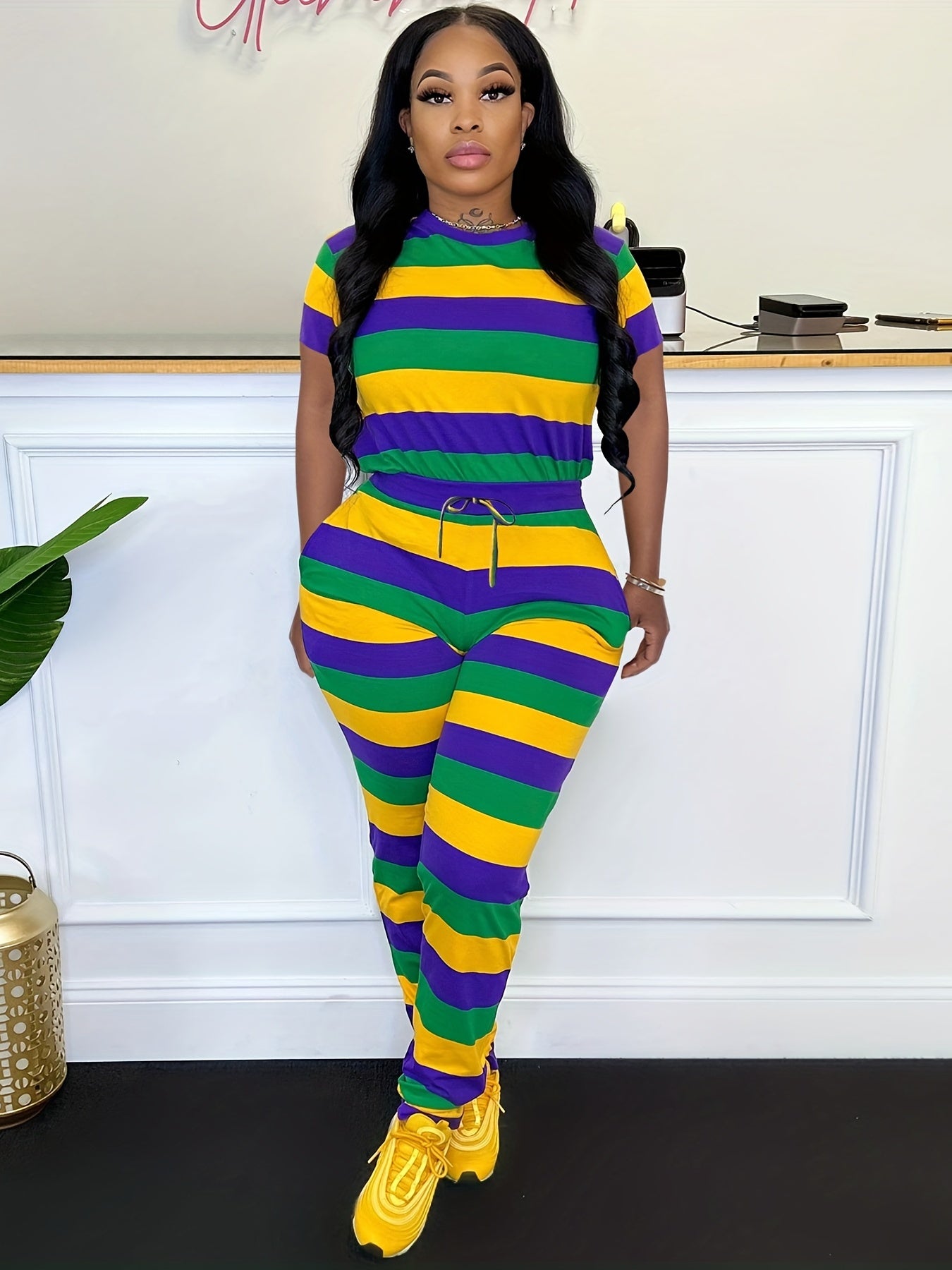 Stripe Print Two piece Set Crew Neck Short Sleeve Top & Drawstring Pants