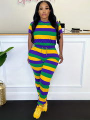 Stripe Print Two piece Set Crew Neck Short Sleeve Top & Drawstring Pants