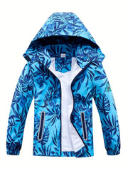 Boys Plant Print Lightweight Jacket with Detachable Hood