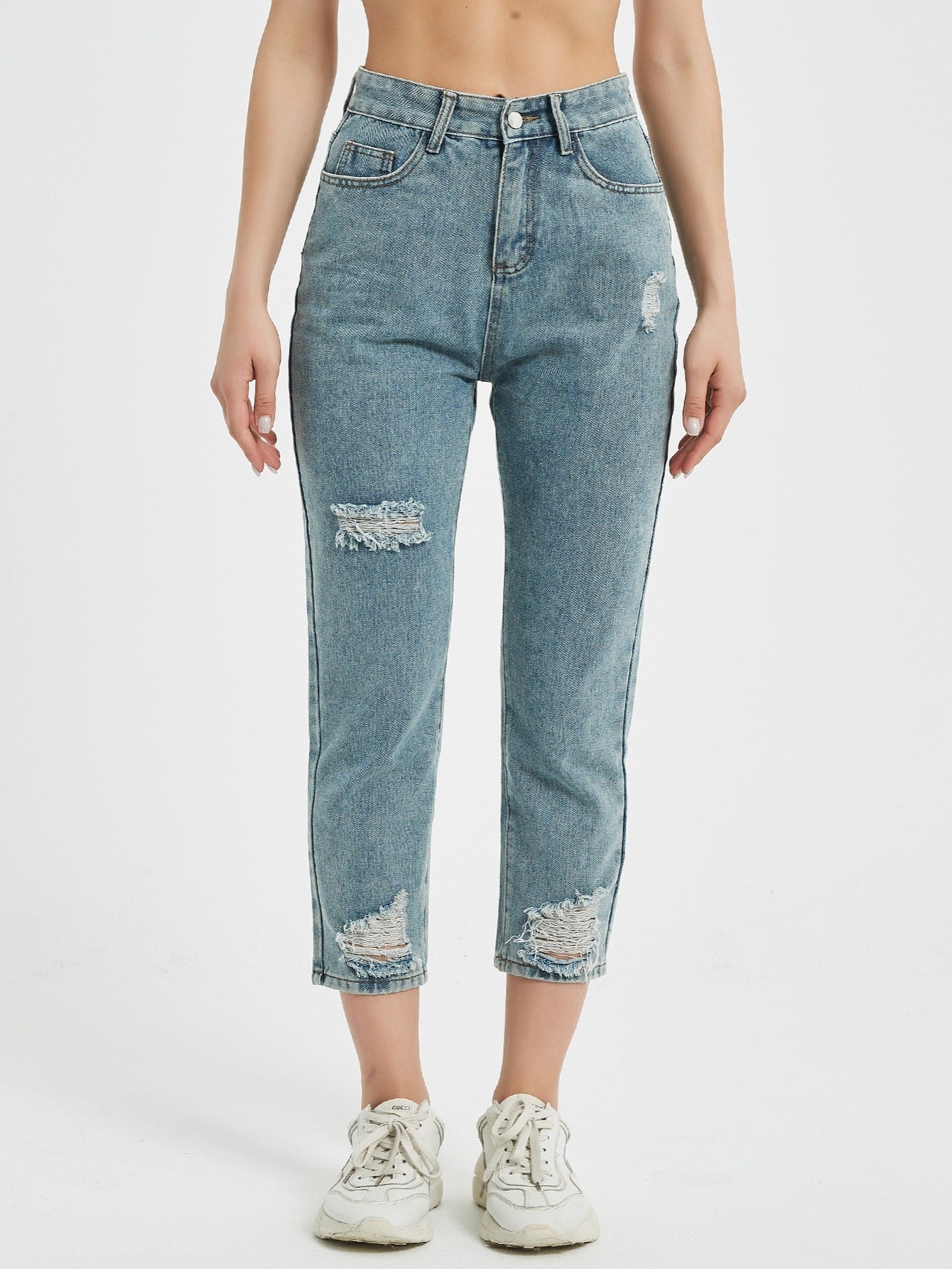High Waist Distressed Cropped Jeans